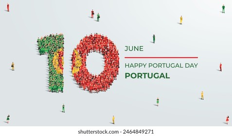 Alles Gute zum Tag Portugals. Eine große Gruppe von Personen bildet die Nummer 10, während Portugal den Portugal Day am 10. Juni feiert. Vektorillustration.