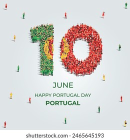 Happy Portugal Day. A large group of people form to create the number 10 as Portugal celebrates Portugal Day on the 10th of june. Vector illustration.