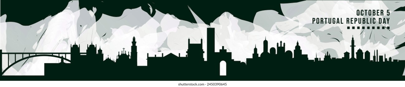 Happy Portugal Republic Day in October banner with cities skyline, panorama. Flat vector celebration graphic, layout for footer, steamer, header