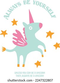 Happy positive cartoon unicorn illustration in pastel colours on stars vector suitable for posters kids fashion greeting cards tshirt print