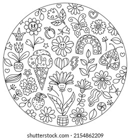 Happy, Positive, groovy Mandala colouring. Hand drawn coloring page for kids and adults. Beautiful drawing with patterns and small details. Coloring book pictures. Botany, flowers, herbs, leaves. 