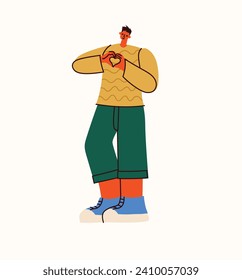 Happy positive Man gesturing with hands, fingers. Love, support, solidarity, ok expressions. Flat graphic vector illustration isolated
