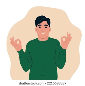Happy positive man showing gesture. Ok sign and gesture language concept. Flat vector illustration