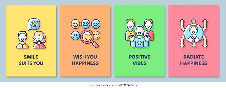 Happy and positive messages greeting card with color icon element set. Postcard vector design. Decorative flyer with creative illustration. Notecard with congratulatory message pack