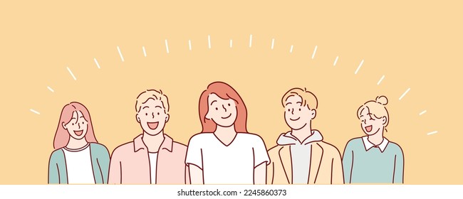 Happy positive people, group. Hand drawn style vector design illustrations.