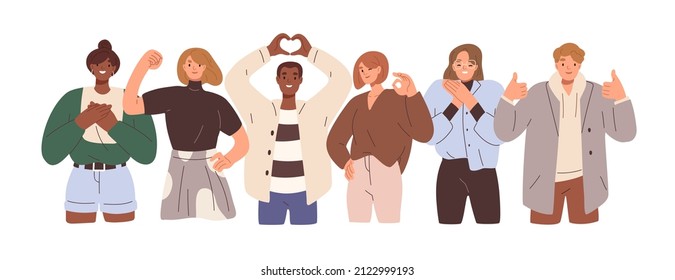 Happy positive people, group portrait. Men and women team gesturing with hands, fingers. Love, support, solidarity, ok expressions. Flat graphic vector illustration isolated on white background - Shutterstock ID 2122999193