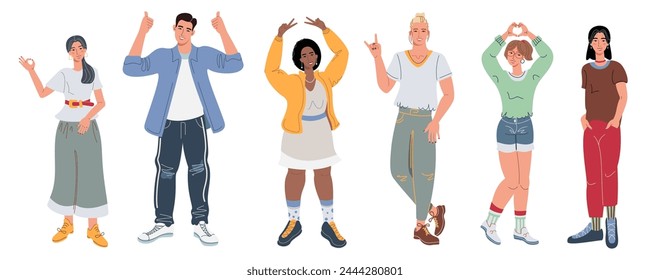 Happy positive people, group portrait. People showing positive hands gestures. Love, cool, support, ok symbol. Flat vector illustration isolated on white background.