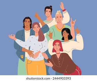 Happy positive people, group portrait. People showing positive hands gestures. Cool, support, ok symbol. Flat vector illustration isolated on blue background.