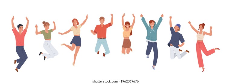 Happy Positive People Jumping Raised Hands Stock Vector (Royalty Free ...
