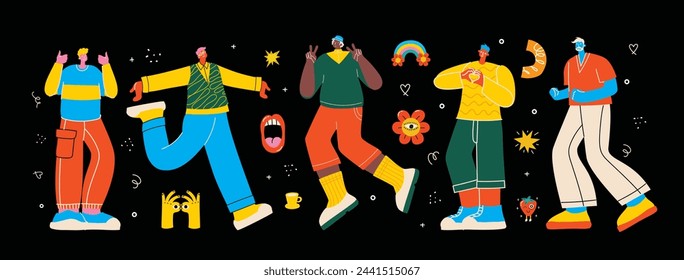 Happy positive people. Man team gesturing with hands, fingers. Love, support, solidarity, ok expressions. Flat graphic vector illustration isolated on white background