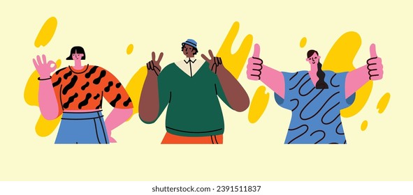 Happy positive people. Man and woman team gesturing with hands, fingers. Love, support, solidarity, ok expressions. Flat graphic vector illustration isolated on white background