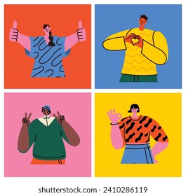 Happy positive people. Man and woman team gesturing with hands, fingers. Love, support, solidarity, ok expressions. Flat graphic vector illustration isolated on white background