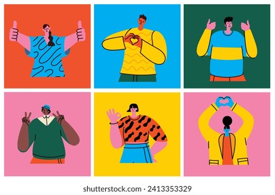 Happy positive people. Man and woman team gesturing with hands, fingers. Love, support, solidarity, ok expressions. Flat graphic vector illustration isolated on white background