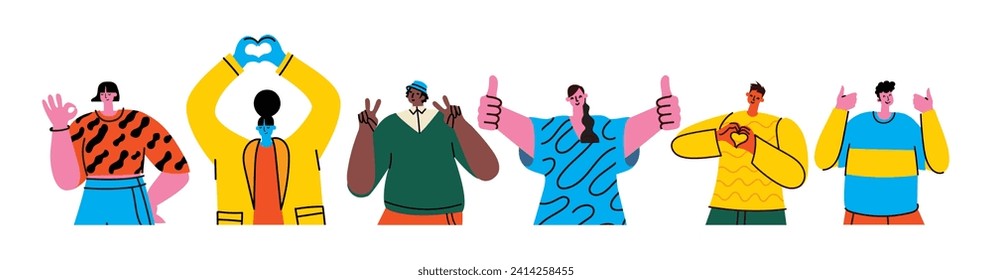 Happy positive people. Man and woman team gesturing with hands, fingers. Love, support, solidarity, ok expressions. Flat graphic vector illustration isolated on white background