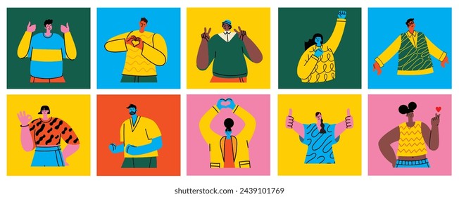 Happy positive people. Man and woman team gesturing with hands, fingers. Love, support, solidarity, ok expressions. Flat graphic vector illustration isolated on white background