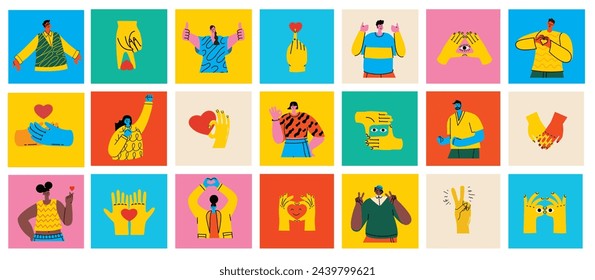 Happy positive people. Man and woman team gesturing with hands, fingers. Love, support, solidarity, ok expressions. Flat graphic vector illustration isolated on white background