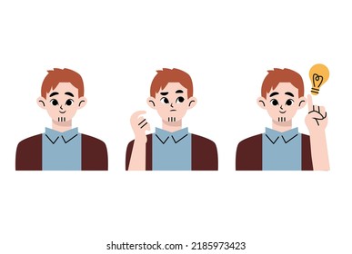 Happy positive person with good emotions. Grateful, thankful, blissful, delighted, dreamy, interested and emotionless indifferent men set. Flat vector illustration isolated on white background