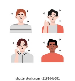 Happy positive person with good emotions. Grateful, thankful, blissful, delighted, dreamy, interested and emotionless indifferent men set. Flat vector illustration isolated on white background