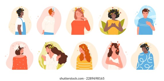 La gente del pensamiento positivo feliz puso la ilustración vectorial. Caricatura aislada mujer y hombre con pensamientos creativos, flores de jardín y arcoíris, salud mental, aceptación y símbolos de bienestar por encima de la cabeza