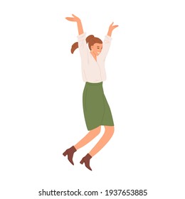 Happy positive woman jumping and expressing joy. Concept of victory celebrating. Cheerful energetic office worker feeling happiness. Colored flat vector illustration isolated on white background