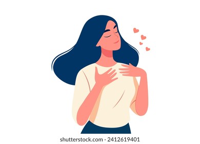 mujer feliz y positiva con el pelo largo, abrazándose a sí misma, amarse a sí misma, concepto de amor propio y autocuidado. ilustración vectorial.