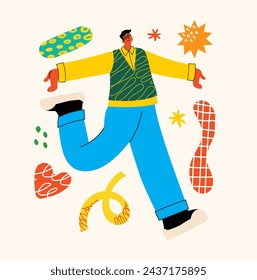 Joven feliz positivo que gesticula con las manos el éxito, el amor, el apoyo, la solidaridad, las expresiones bien. Ilustración vectorial gráfica plana aislada