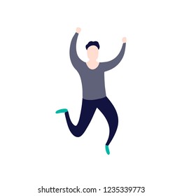 Happy positive young man jumping isolated on white background. Colored vector illustration in flat cartoon style