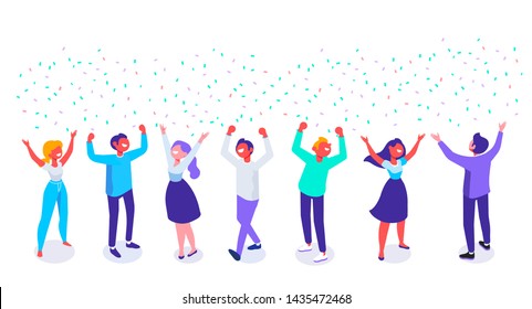 Happy Positive Young People Have Fun Together. Celebration.JoyfulI Isometric People With Raised Hands.  Flat Cartoon Style. Vector Illustration. 