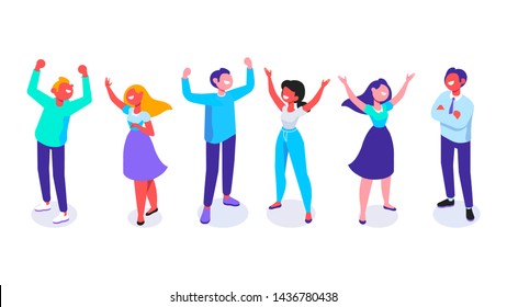 Happy positive young people have fun together. Celebration. JoyfulI isometric people with raised hands.  Flat cartoon style. Vector illustration. 