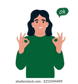 Happy positive young woman showing gesture. The concept of sign language and gestures. Vector flat illustration