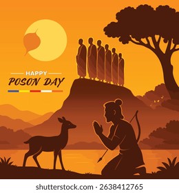 Happy Poson Day, Poson Poya Day Vector Illustration with Mihinthalawa Temple and Full Moon - Sinhala Poson Wishes Flyer