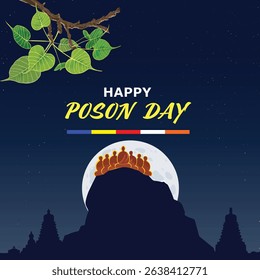 Happy Poson Day, Poson Poya Day Vector Illustration with Mihinthalawa Temple and Full Moon - Sinhala Poson Wishes Flyer