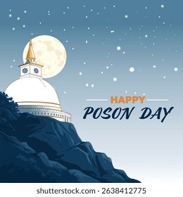 Happy Poson Day, Poson Poya Day Vector Illustration with Mihinthalawa Temple and Full Moon - Sinhala Poson Wishes Flyer