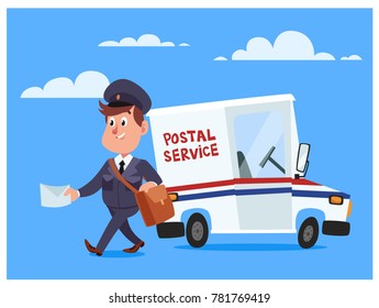 Happy Postman With Letter and Postal Service Car. Cartoon Style Vector Illustration