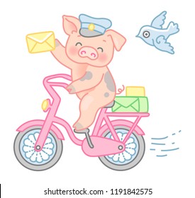 Happy postman pig rides a bike and holds a yellow mail envelope. Cute character at cartoon style isolated on white background
