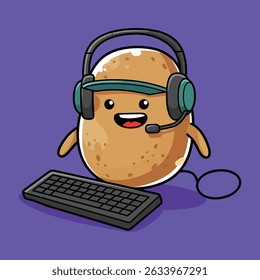A happy potato character wearing a headset and cap, with a keyboard, ready to play games.