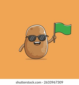A happy potato character wearing sunglasses, holding a green flag, and smiling with a joyful expression.