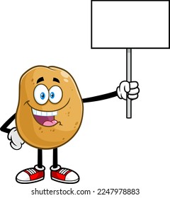 Happy Potato Chef Cartoon Character Holding Up A Blank Sign. Vector Hand Drawn Illustration Isolated On Transparent Background
