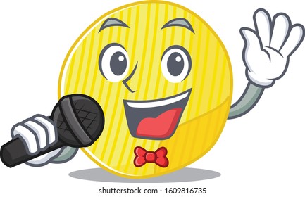 Happy potato chips singing on a microphone