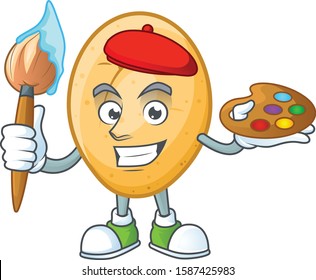 Happy potato painter cartoon icon with brush