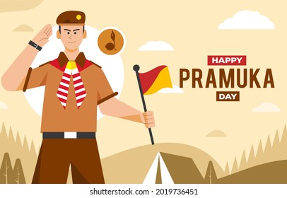 Happy Pramuka Day Background with a young boy scouts rise hand and holding a semaphore flag