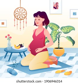 Happy pregnancy activity at home vector illustration. Cartoon young woman pregnant yogist character doing yoga relax exercises, listening to music, calm meditation to care body and mind background