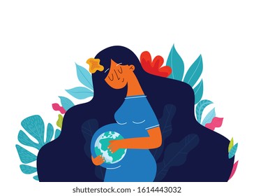 Happy pregnancy and cute pregnant woman. Vector illustration of woman expecting for a baby. Flat cartoon vector illustration