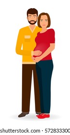 Happy pregnancy family. Couple of man and pregnant woman standing together isolated on a white background. Flat style vector illustration...