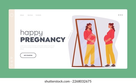 Happy Pregnancy Landing Page Template. Pregnant Woman With Hands On Belly Looks At Herself In Mirror. Her Reflection Shows Beautiful Woman with Feeling of Happiness. Cartoon People Vector Illustration