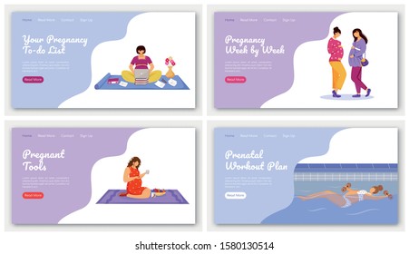 Happy pregnancy landing page vector template set. Maternity preparation website interface idea with flat illustrations. Expectation of baby homepage layout. Web banner, webpage cartoon concept