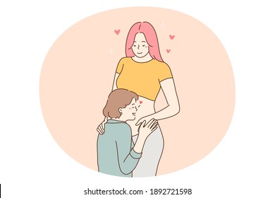 Happy pregnancy and maternity concept. Young positive pregnant woman cartoon character standing and feeling love and support of touching belly mother and friend vector illustration