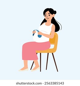 happy pregnancy mother sitting on yellow chair is using headphones to playing music on her belly illustration 