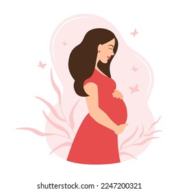 Feliz embarazo y maternidad. Ilustración vectorial de dibujos animados planos de una mujer embarazada