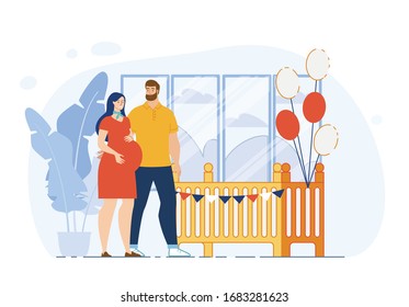 Happy Pregnancy, Preparing Home for Newborn, Parenting and Maternity Concept. Husband Hugging Pregnant Wife, Future Father and Mother Decorating Baby Bed with Balloons Trendy Flat Vector Illustration